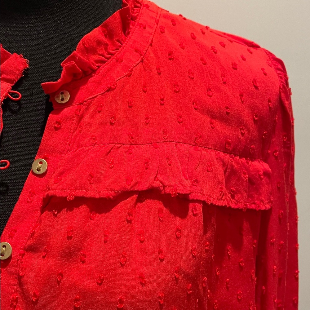 LOFT Women’s Swiss Dot Ruffle Blouse Size M Red Romantic Peasant Boho Adaptable - Picture 5 of 11